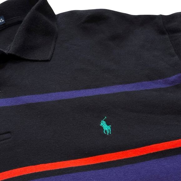 Vintage 90s Polo Ralph Lauren XL Cropped Black L/S Polo Chest Stripes Reworked - Picture 2 of 5